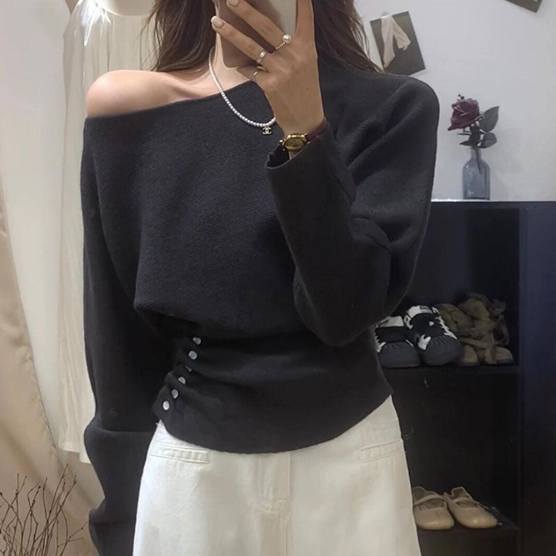 ワンショルダー オフショルダーニットトップス長袖 デート服 大人女子