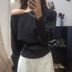 ワンショルダー オフショルダーニットトップス長袖 デート服 大人女子
