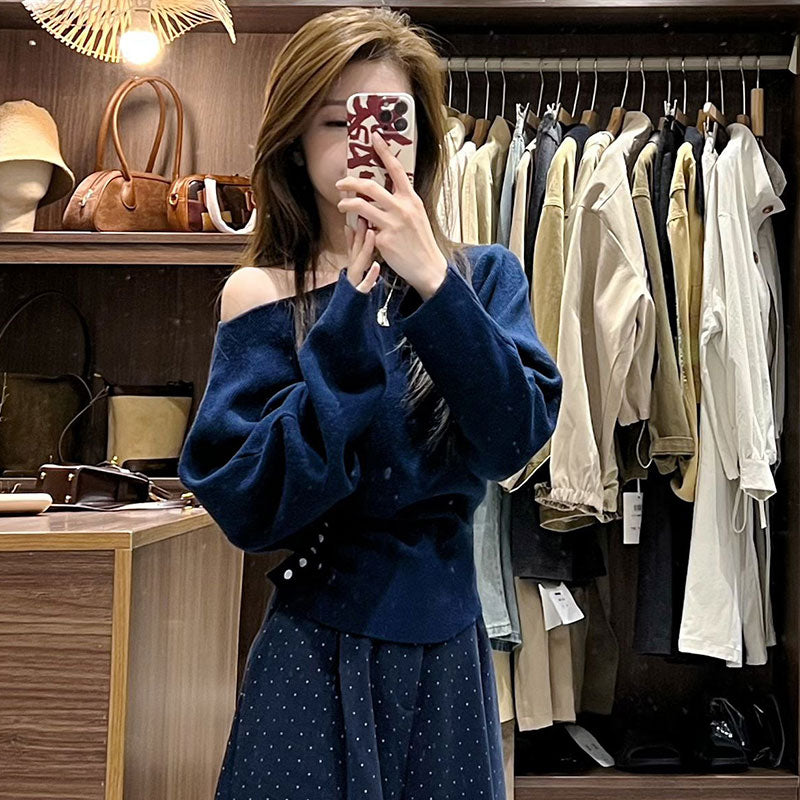 ワンショルダー オフショルダーニットトップス長袖 デート服 大人女子