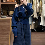 ワンショルダー オフショルダーニットトップス長袖 デート服 大人女子