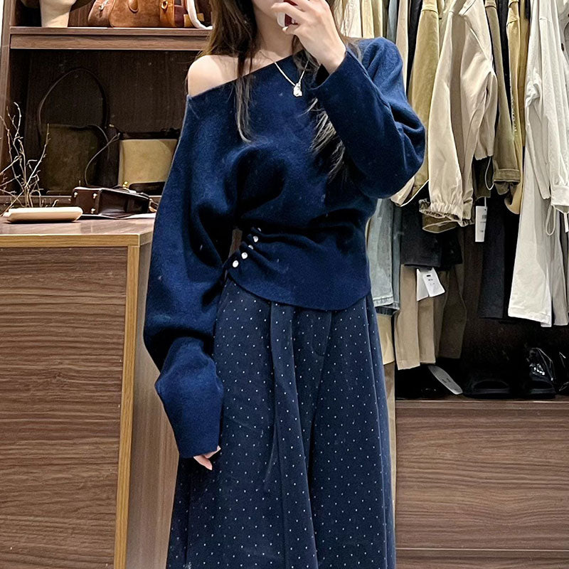 ワンショルダー オフショルダーニットトップス長袖 デート服 大人女子