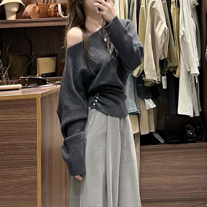 ワンショルダー オフショルダーニットトップス長袖 デート服 大人女子