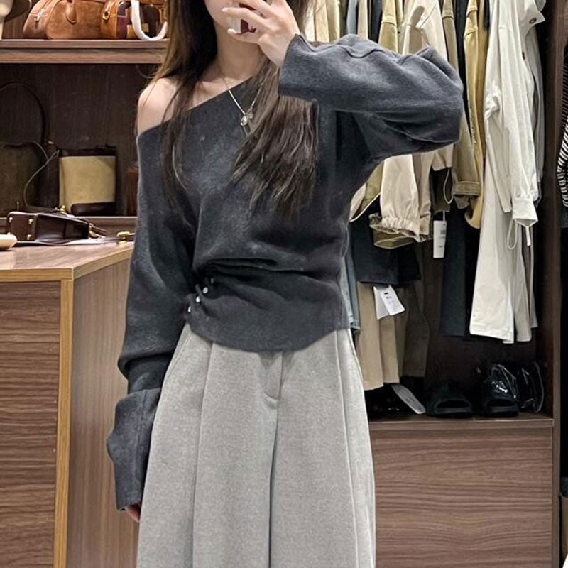 ワンショルダー オフショルダーニットトップス長袖 デート服 大人女子