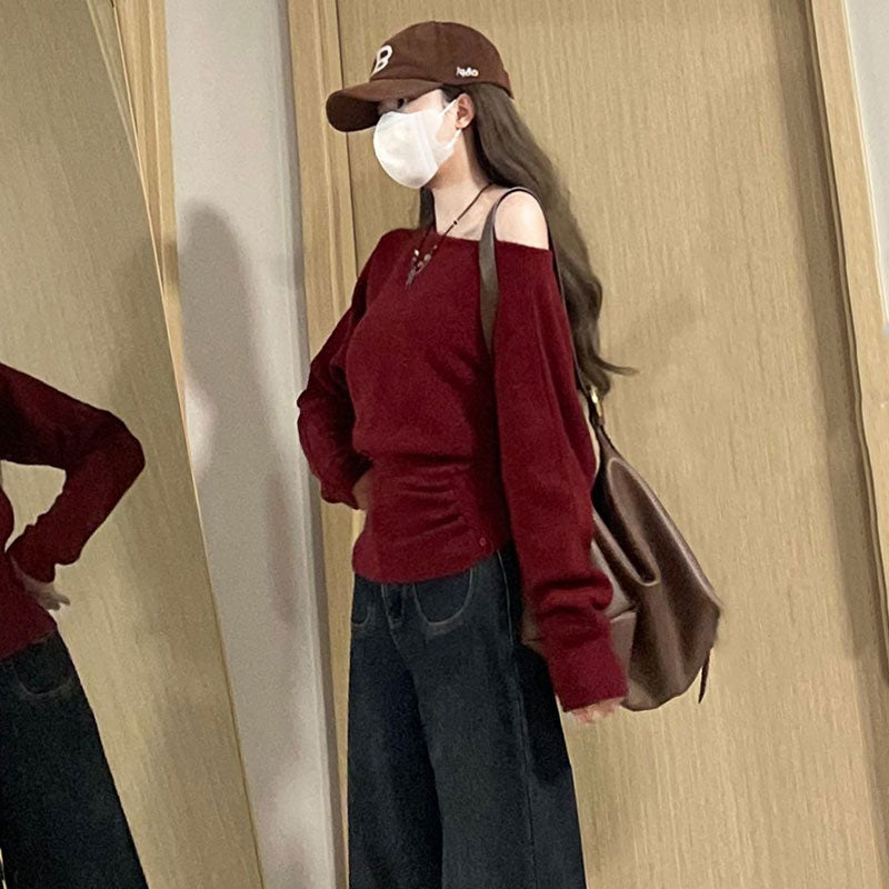 ワンショルダー オフショルダーニットトップス長袖 デート服 大人女子