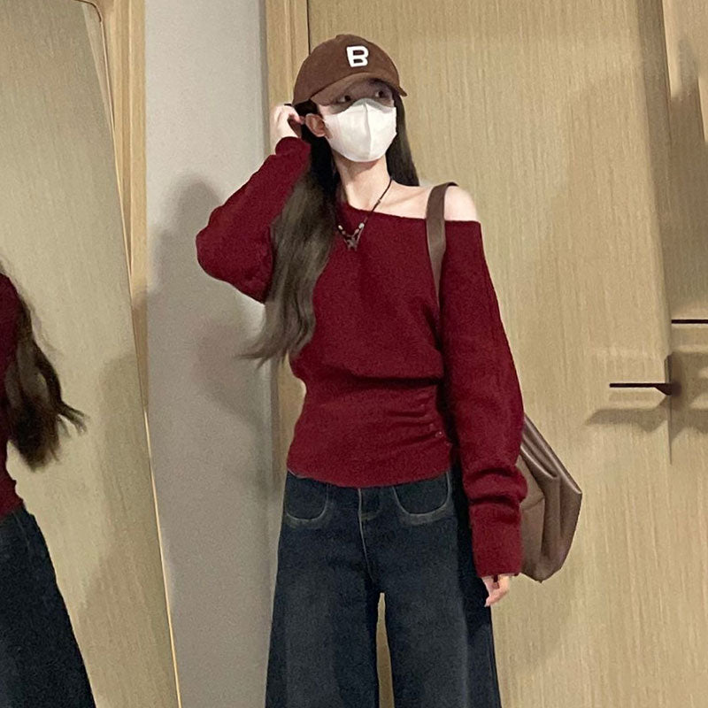 ワンショルダー オフショルダーニットトップス長袖 デート服 大人女子