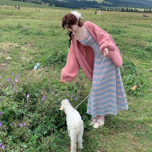 2 点セット ボーダーキャミワンピース＋ニットカーディガン 韓国風 大人可愛い セットアップ 旅行コーデ