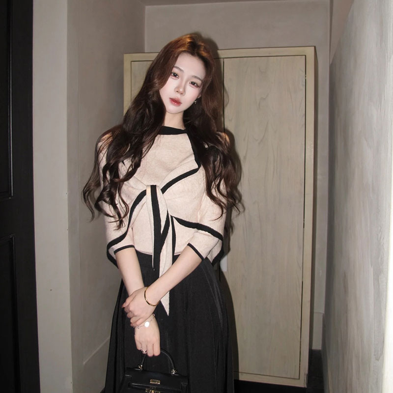 3 点セット ニットトップス＋ケープ＋黒ロングスカート 上品 韓国風 大人可愛い 着痩せ セットアップ デート服