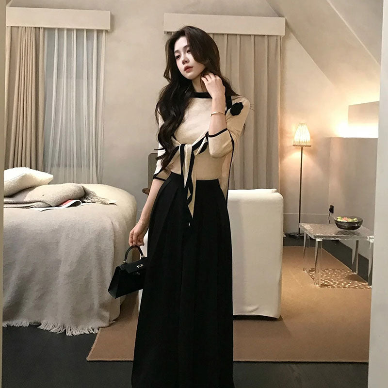 3 点セット ニットトップス＋ケープ＋黒ロングスカート 上品 韓国風 大人可愛い 着痩せ セットアップ デート服