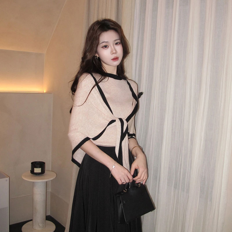3 点セット ニットトップス＋ケープ＋黒ロングスカート 上品 韓国風 大人可愛い 着痩せ セットアップ デート服