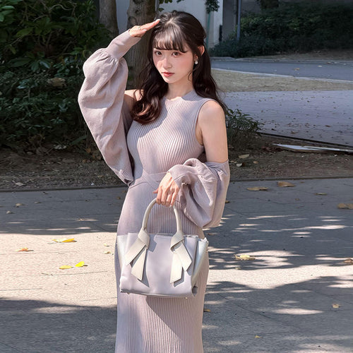 2WAY 着こなし クロスベルト付きリブマーメイドロングワンピース＋ボリュームバルーン袖ボレロセットアップ 上品きれいめ
