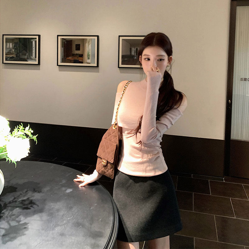 ハイネック オフショルダーニットトップス