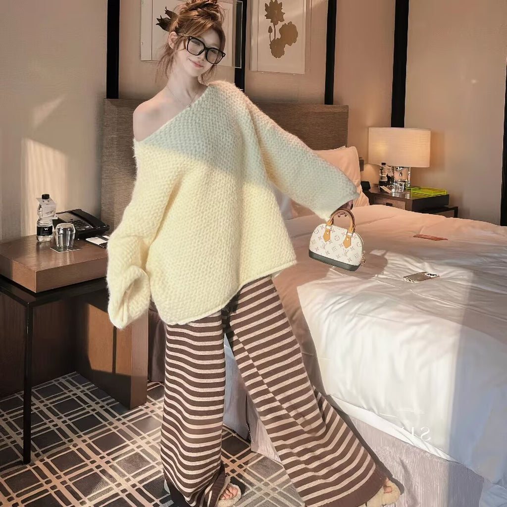 オフショルダーニットトップス+ボーダーワイドパンツ 2 点セット ルーズシルエットリラックスセットアップ