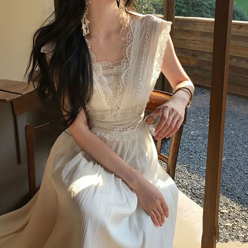 レース刺繍 Vネック ノースリーブ デートワンピース（ベスト付き）お出かけ デート 旅行 リゾート 結婚式