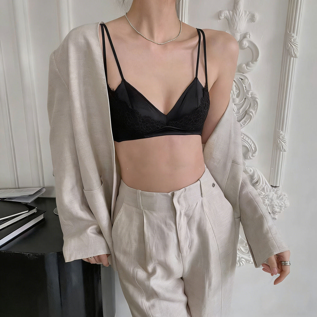 ダブルストラップ レースブラジャー ノンワイヤー シルク調 大人可愛い ナチュラル インナー