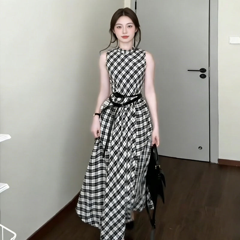 チェック柄 ノースリーブ ワンピース ロング 体型カバー 上品 エレガント 大人女子（ベルト付き）