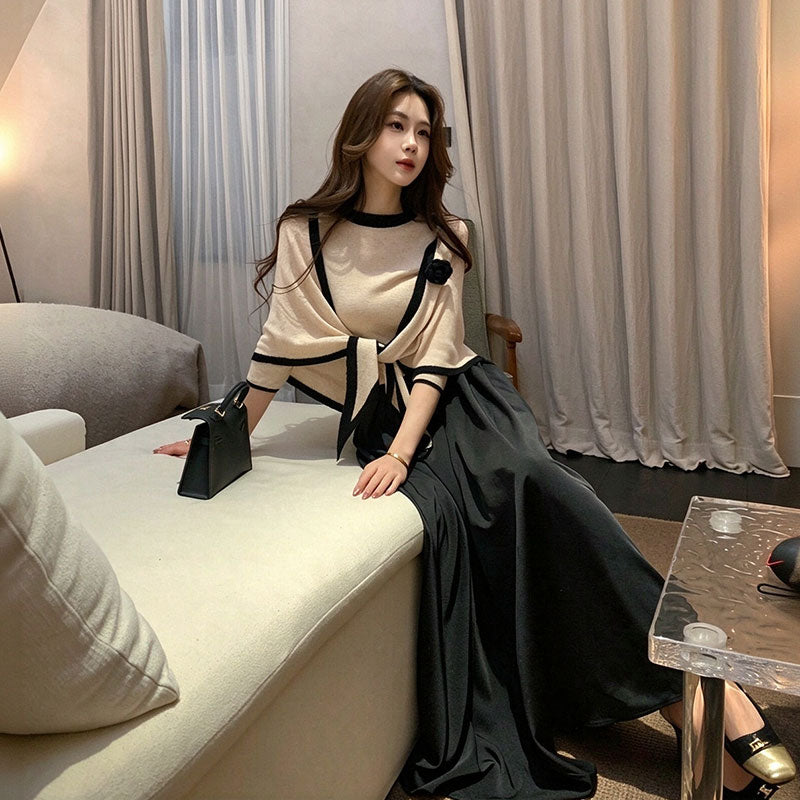 3 点セット ニットトップス＋ケープ＋黒ロングスカート 上品 韓国風 大人可愛い 着痩せ セットアップ デート服