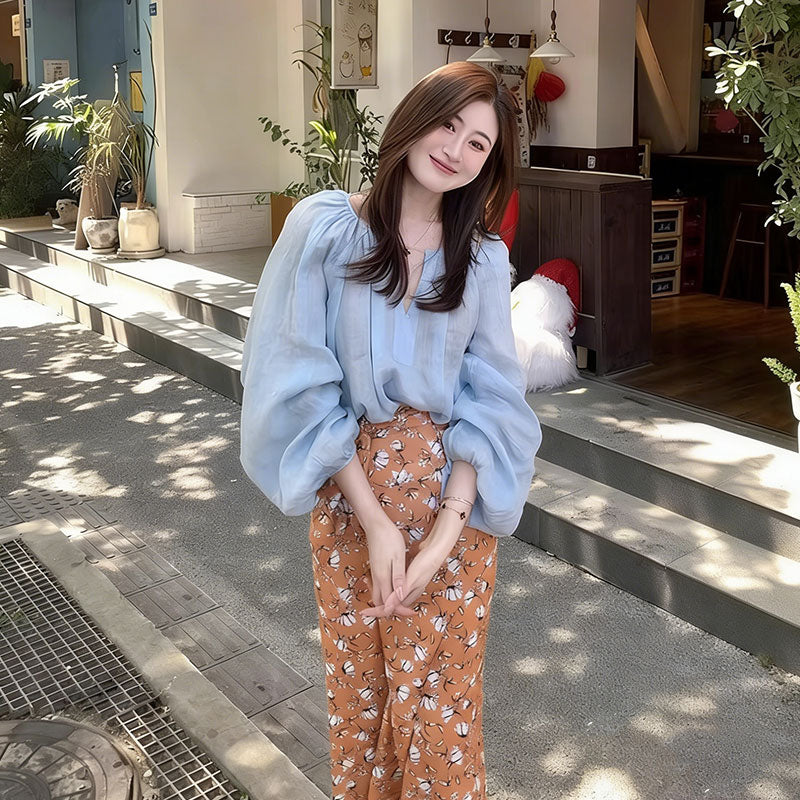 水色ブラウス × 花柄ロングスカート セットアップ レディース 春夏 ゆったり 通勤 カジュアル 大人可愛い