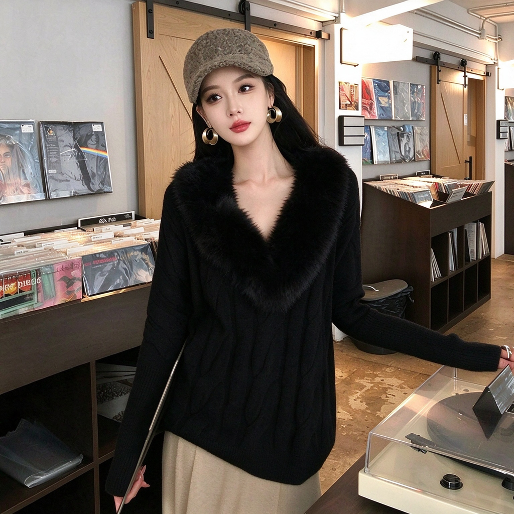 ファー襟 V ネック ケーブル編みニットセーター ゆったりトップス 韓国フェミニン 4 色展開