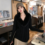 ファー襟 V ネック ケーブル編みニットセーター ゆったりトップス 韓国フェミニン 4 色展開
