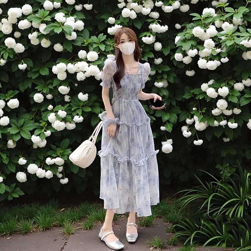 花柄 シフォン ワンピース体型カバー 着痩せ 大人可愛い 韓国風 パフスリーブ