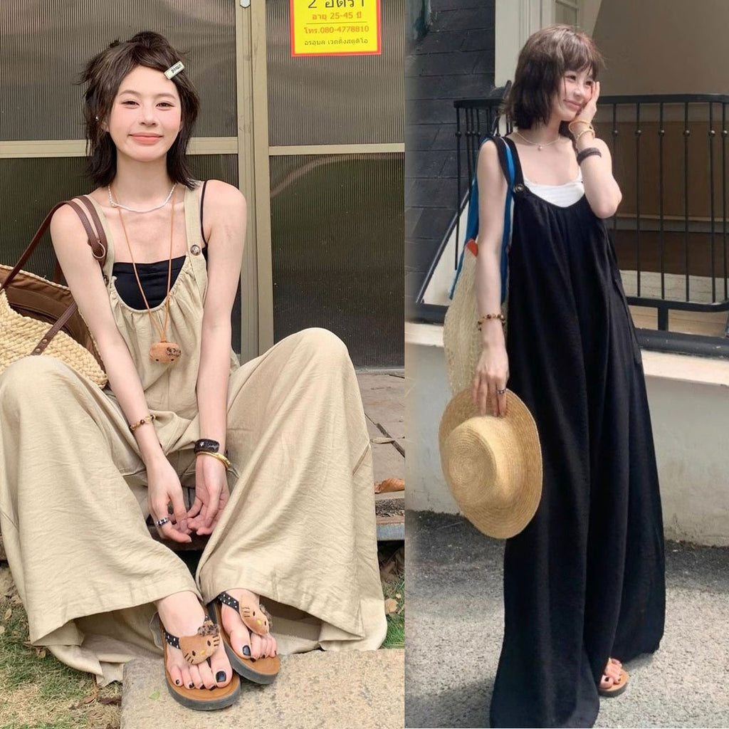 サロペット（トップスなし） ゆったり ワイドパンツ 体型カバー 無地 オーバーオール リラックス 一枚着 旅行コーデ