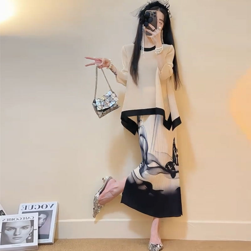 ストレッチストライプトップス＆プリーツスカートセットアップ