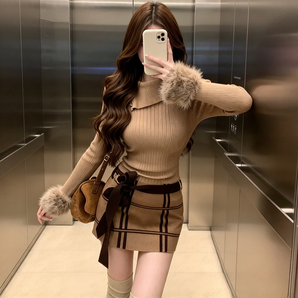 ファーカフスリブニットワンピース チェック柄 ベルトリボン付きデート服