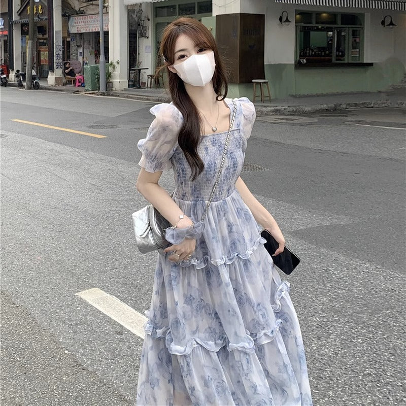 花柄 シフォン ワンピース体型カバー 着痩せ 大人可愛い 韓国風 パフスリーブ