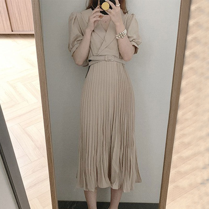 折ネックプリーツパフスリーブデートワンピース（ベルト付き）ジッパー付き