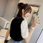 レース袖切替パフスリーブTシャツトップス