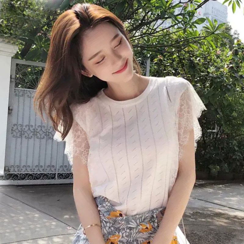 ニット切替レースフリル裾ニットトップス