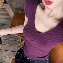 画像をギャラリービューアに読み込む, 大人気 韓国風 V ネック サマーニット 半袖トップス
