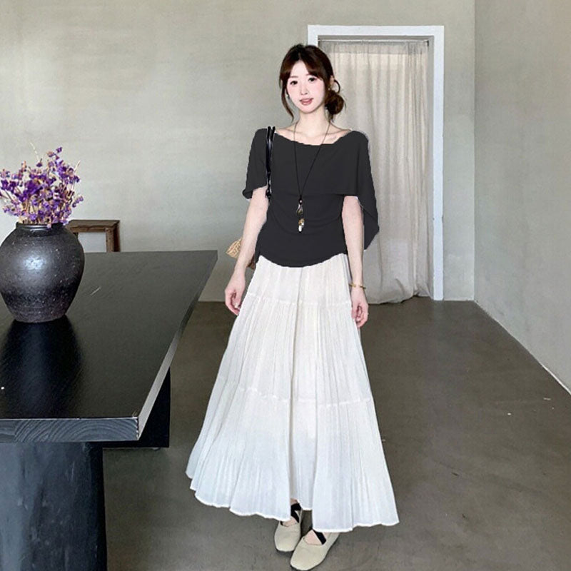 ケープ風 ニットトップス+ベージュプリーツロングスカート セットアップ 2 点セット
