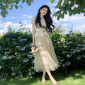 【セットアップ】レースノースリーブトップス × チュールスカート エレガント 大人可愛い 結婚式 / デート対応（ベルト付き）