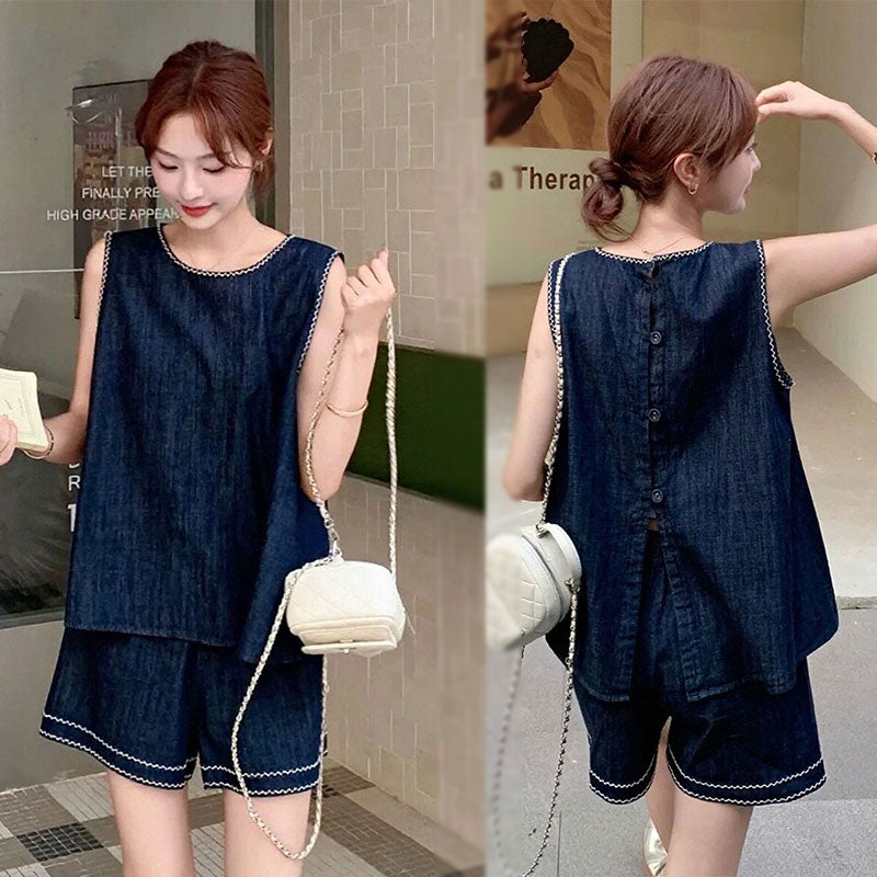 【セットアップ】ノースリーブトップス + ショートパンツ 2 点セット  バックボタン ゆったり レディース