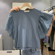 画像をギャラリービューアに読み込む, レース花柄透かし彫り切替Tシャツトップス
