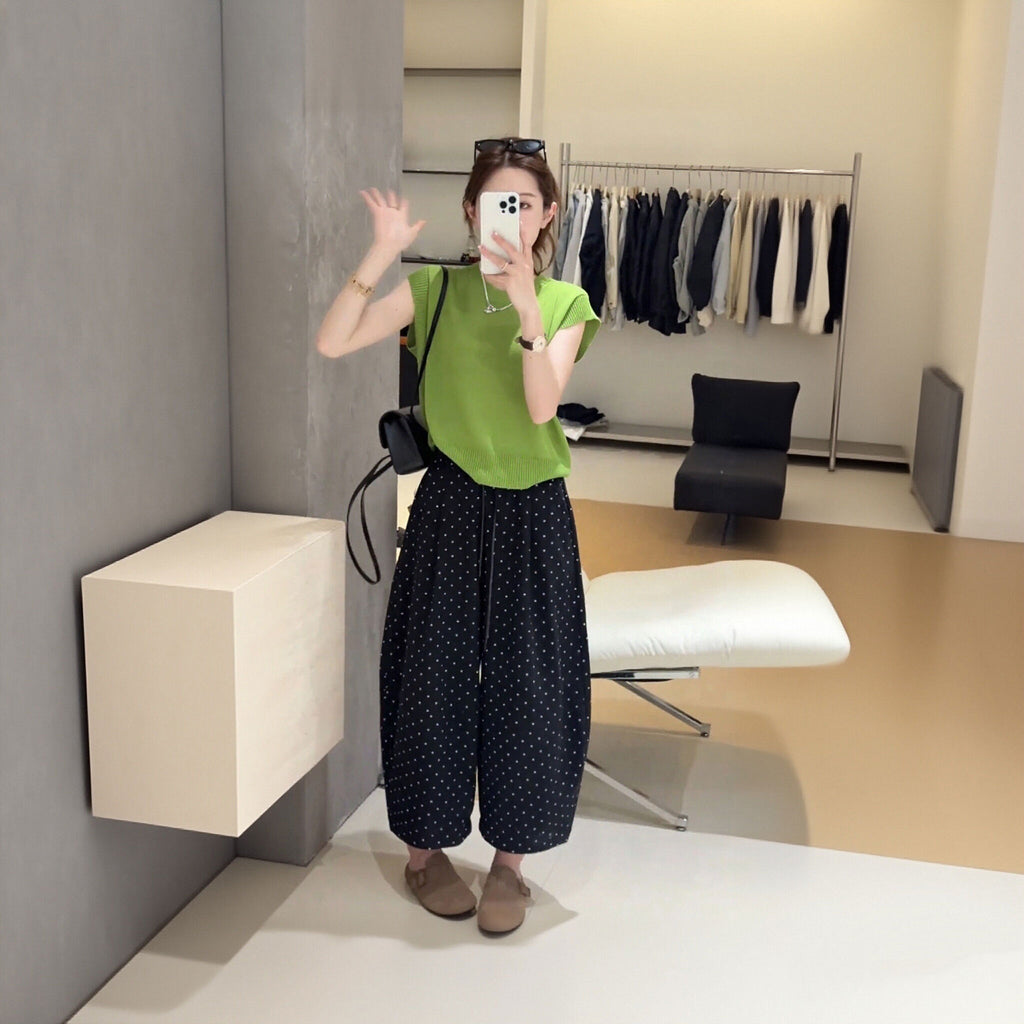 ニットノースリーブ 水玉柄バルーンパンツ セットアップ体型カバー 着痩せ 大人可愛い 韓国風