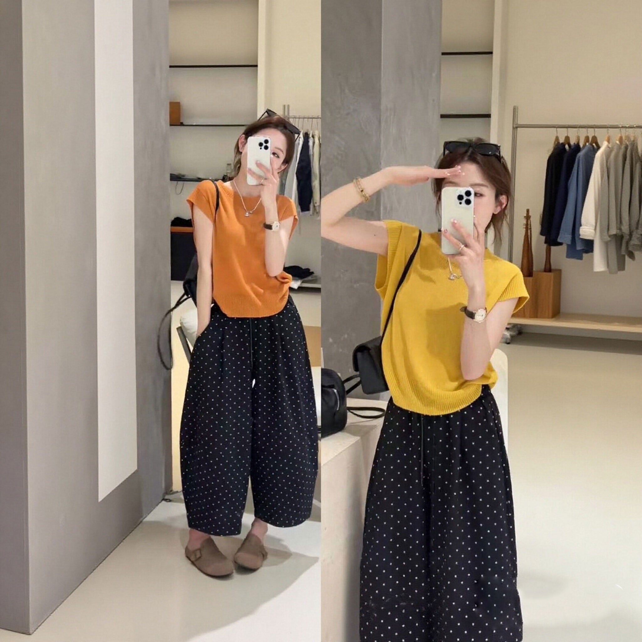 ニットノースリーブ 水玉柄バルーンパンツ セットアップ体型カバー 着痩せ 大人可愛い 韓国風