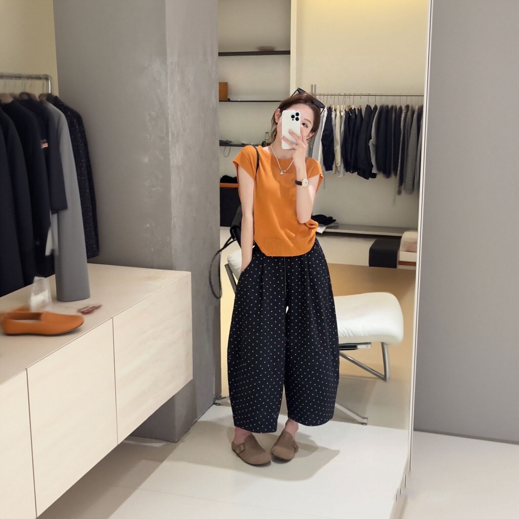 ニットノースリーブ 水玉柄バルーンパンツ セットアップ体型カバー 着痩せ 大人可愛い 韓国風