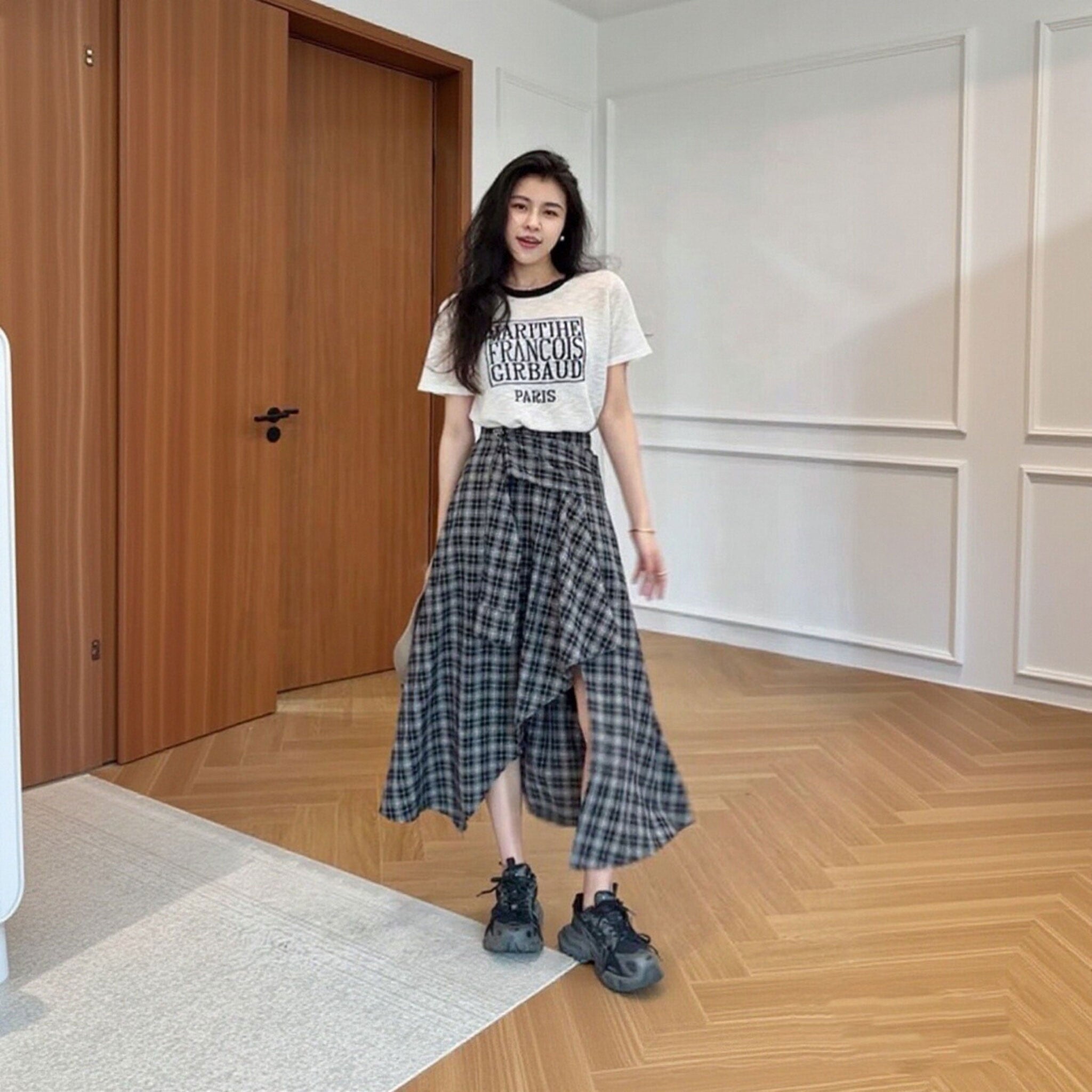 T シャツ チェック柄 アシンメトリースカート セットアップ 体型カバー 着痩せ 大人可愛い 韓国風