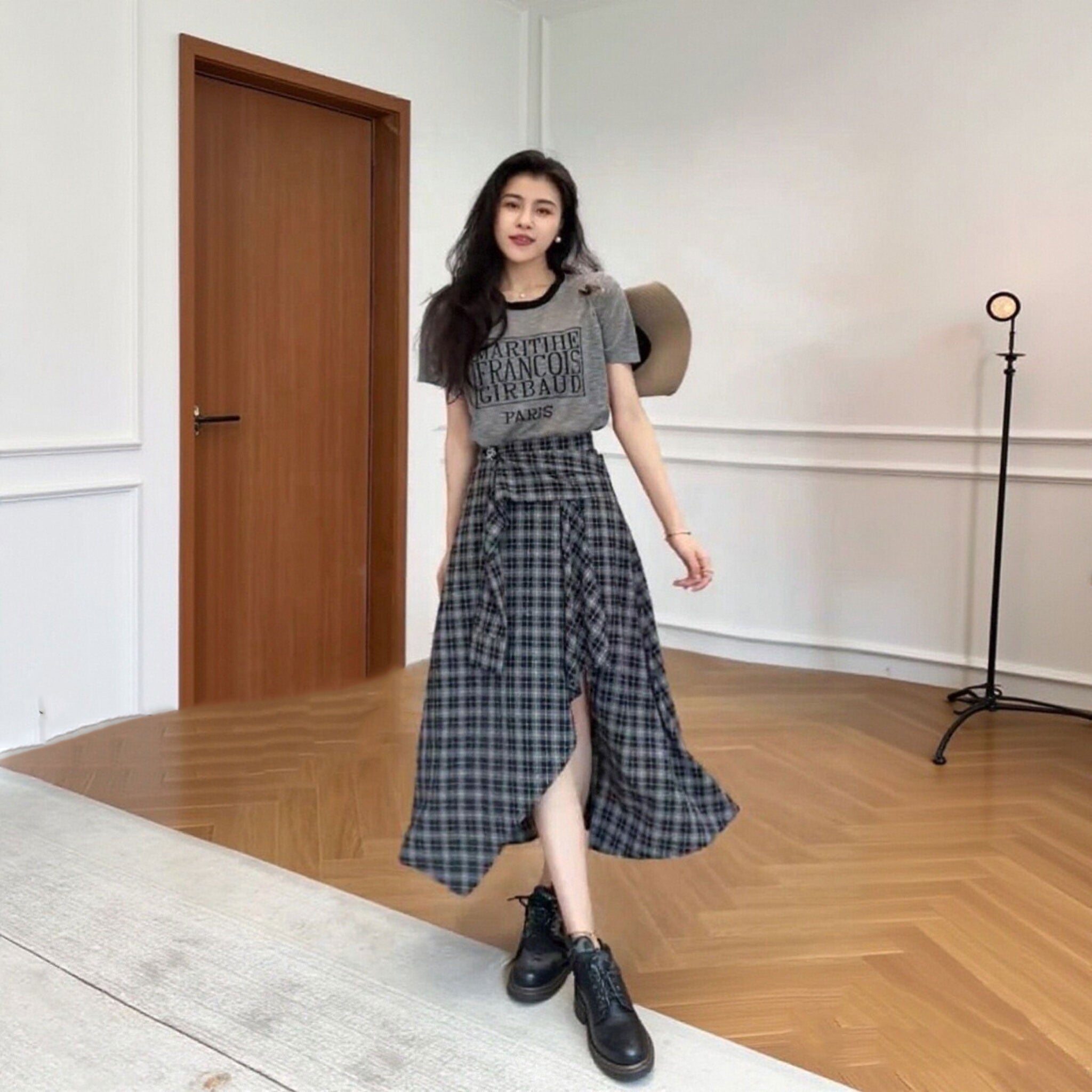 T シャツ チェック柄 アシンメトリースカート セットアップ 体型カバー 着痩せ 大人可愛い 韓国風