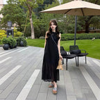 黒 ノースリーブ シフォン カジュアルワンピース 体型カバー 着痩せ 大人可愛い リゾート