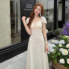 画像をギャラリービューアに読み込む, レース パフスリーブ マキシワンピース 体型カバー 着痩せ 大人可愛い エレガント
