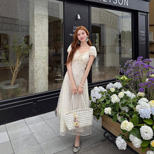 画像をギャラリービューアに読み込む, レース パフスリーブ マキシワンピース 体型カバー 着痩せ 大人可愛い エレガント
