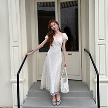 画像をギャラリービューアに読み込む, レース パフスリーブ マキシワンピース 体型カバー 着痩せ 大人可愛い エレガント
