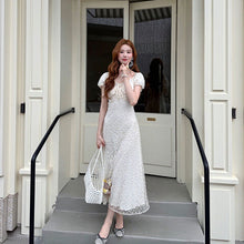 画像をギャラリービューアに読み込む, レース パフスリーブ マキシワンピース 体型カバー 着痩せ 大人可愛い エレガント
