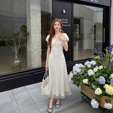 画像をギャラリービューアに読み込む, レース パフスリーブ マキシワンピース 体型カバー 着痩せ 大人可愛い エレガント
