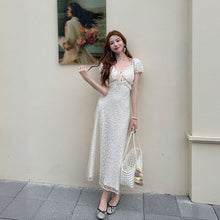 画像をギャラリービューアに読み込む, レース パフスリーブ マキシワンピース 体型カバー 着痩せ 大人可愛い エレガント
