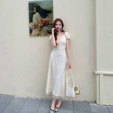 画像をギャラリービューアに読み込む, レース パフスリーブ マキシワンピース 体型カバー 着痩せ 大人可愛い エレガント
