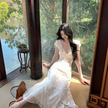 画像をギャラリービューアに読み込む, レースフリル 花柄レース マキシデートワンピース デートコーデ 着痩せ 大人エレガント
